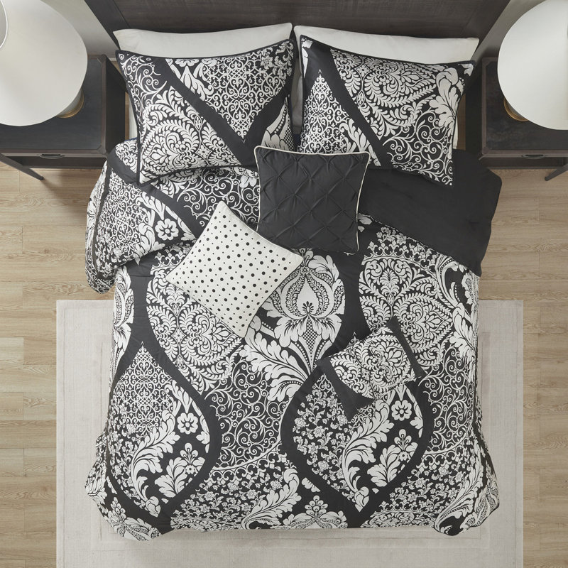 King Bedding - 7 Piece Cotton Printed Black With Stunning Details Comforter For Bed Embroidery, Black