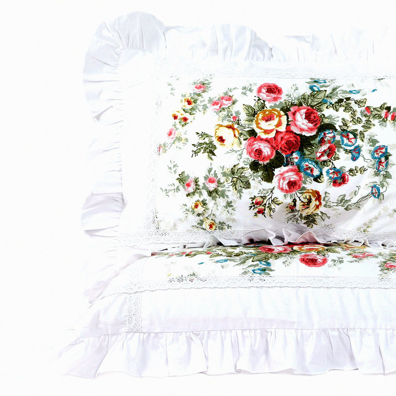 Vintage Rose Lace Ruffle Pillowcase Set - Floral Print Bedding Cover - Elegant Country Style Standard Size Pillow Covers for Twin/Full/Queen Beds - 19" x 29"