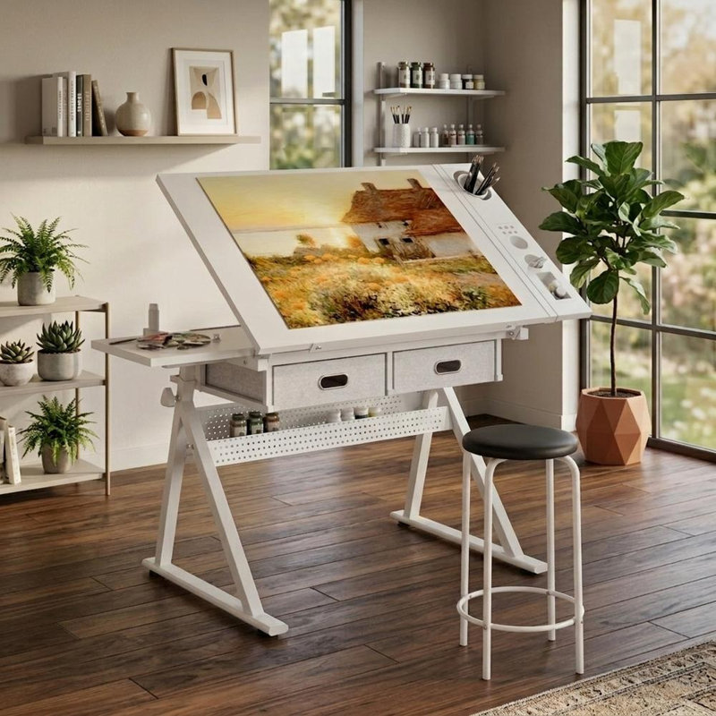 Bureau de dessinateur entièrement blanc avec 2 tiroirs et tabouret
