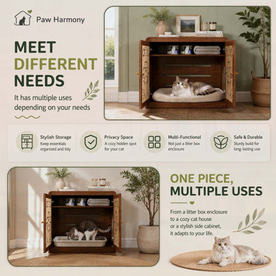 Walnut Hollow-Carved Cat Litter Box Enclosure Cabinet, Multi-Purpose Sideboard with Vent & Large Cat Entry for Living Room & Entryway