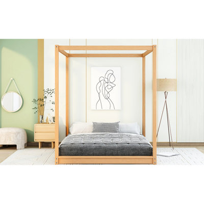 Natural Queen Canopy Bed With Support Legs - Pine Wood And , Modern Bedroom Center, , Underbed Air Movement Color Platform Build, Passing Slats, Feature, Focal Design
