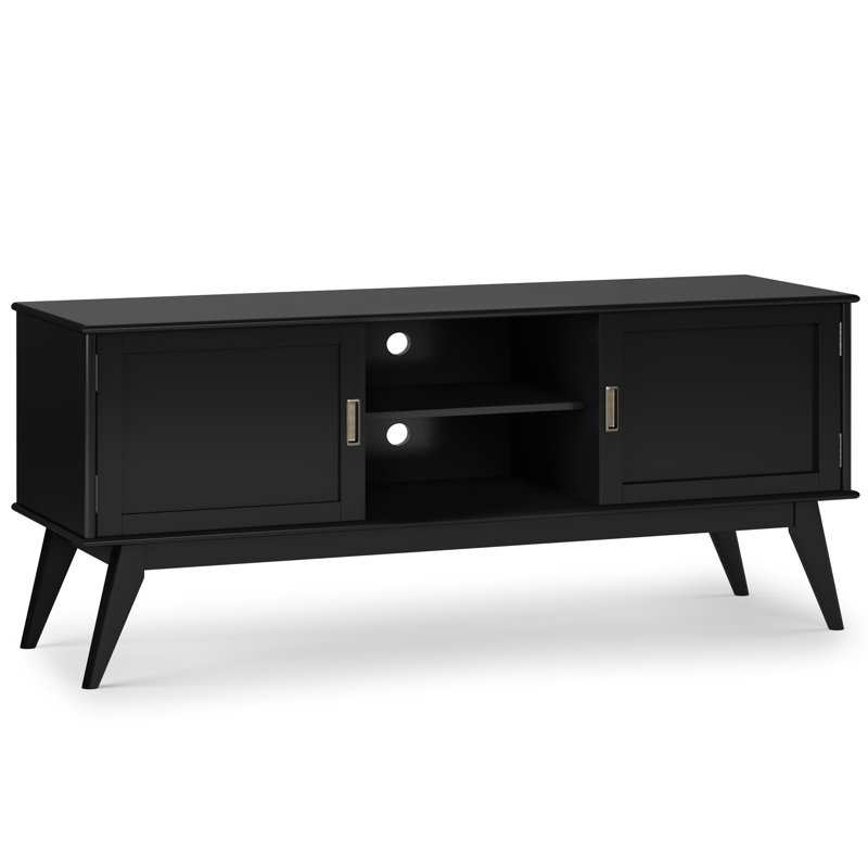 Draper 60"W Solid Wood Mid-Century Modern Low TV Stand for TVs up to 65" with 2 Cabinets and Open Shelves, Black