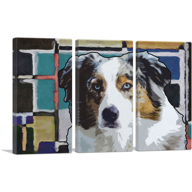 «Australian Shepard Dog Blue Yellow Black Geometric», ensemble de 3 reproductions d'art sur toiles tendues
