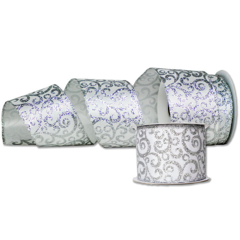 Ruban en tissu 2,5 po, Blanc / argenté