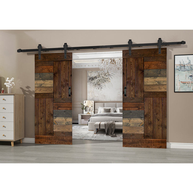 Porte de grange coulissante double en bois massif avec trousse de quincaillerie brevetée S Series - assemblage requis