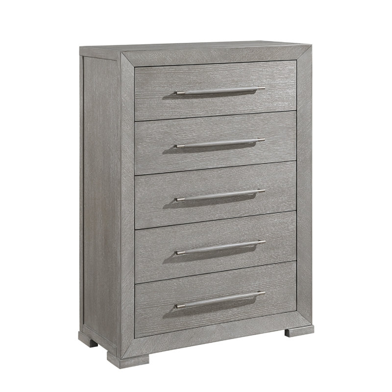Commode ovale haute Ova, 5 tiroirs l larges poignées en bois, gris