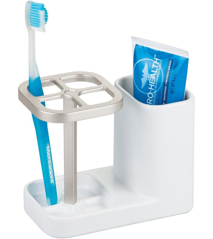 iDesign Ceramic Toothbrush and Toothpaste Holder for Bathroom  - Satin White/Nickel
