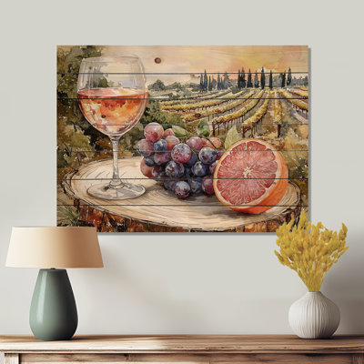 Pamplemousse avec verre de vin dans le vignoble I - Art mural en bois de vignoble - sur bois de pin naturel