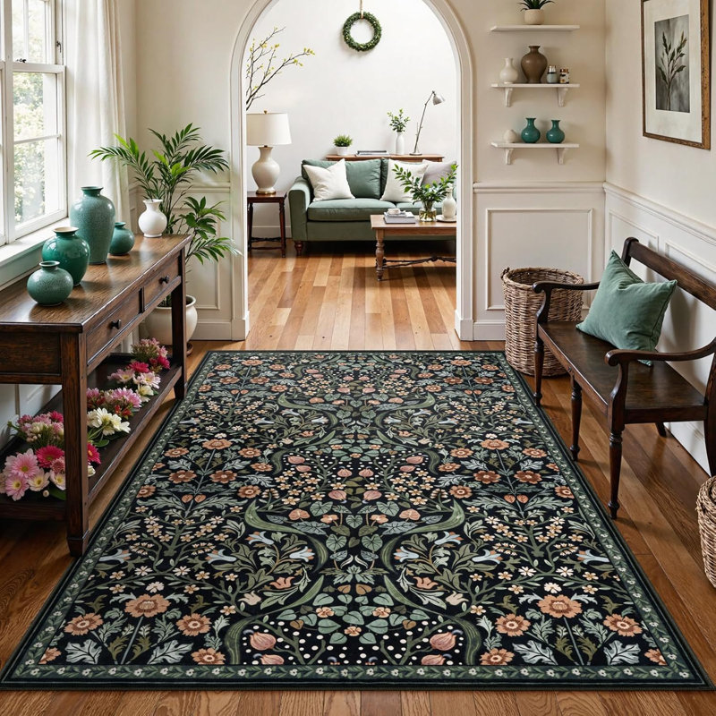 Tapis lavable à motif floral Kaldi, Rectangulaire 8 pi x 10 pi, Noir
