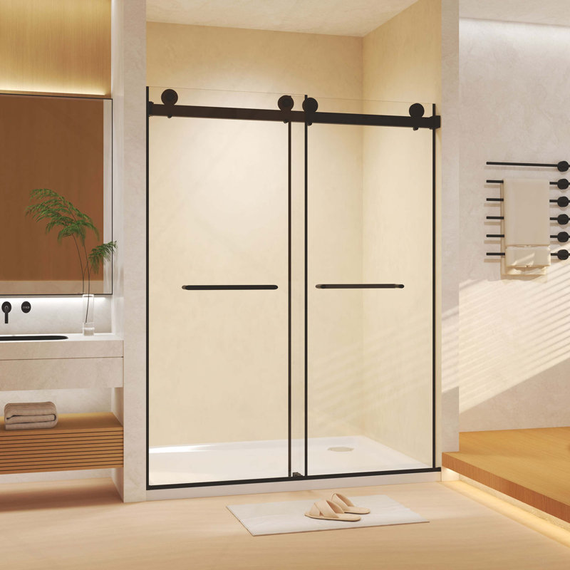 Frameless Double Sliding  Shower Door 44-48 "W X 74" H, 5/16 "(8Mm) Tempered Glass, Explosion Proof Film, Stainless Steel Handle, Square Tube Track