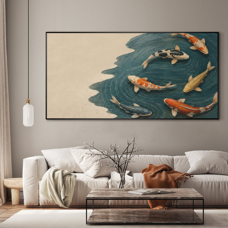 Très grande reproduction d'art sur toile - Poissons koi colorés nageant dans un étang tranquille pour le salon ou la chambre à coucher - «Assemblage requis du cadre (cadre non fini)»