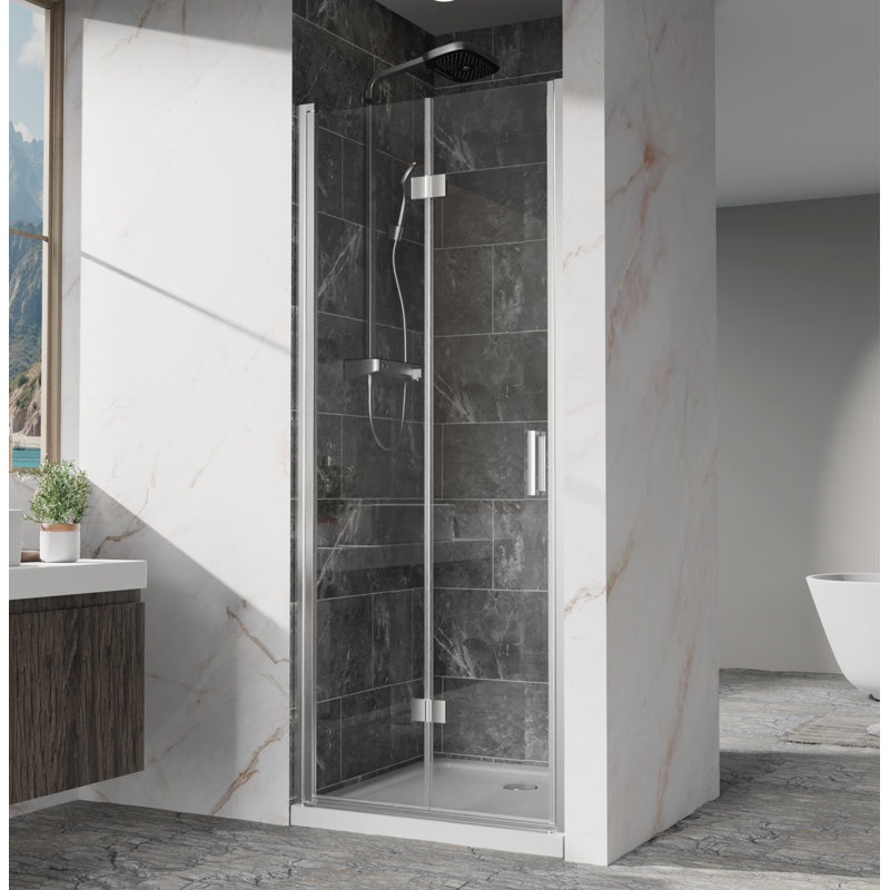 Portes de douche pivotantes, porte de douche battante pliante sans cadre l 32 po x H 72 po, verre trempé transparent de 1/4 po (6 mm), quincaillerie à finition chromée, installation réversible