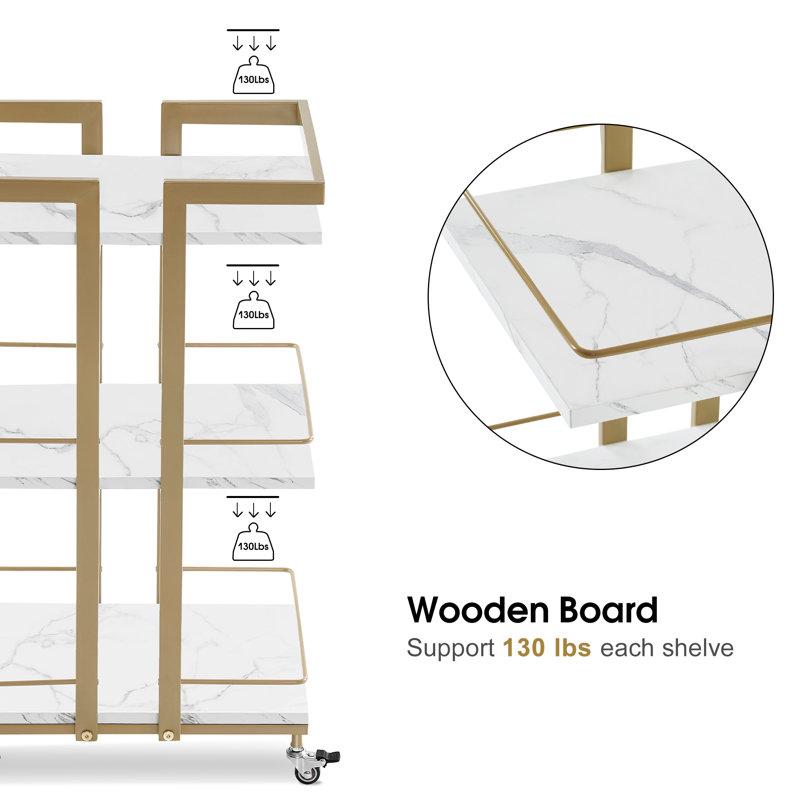 White and Gold Metal Frame 3-Tier Rolling Utility Cart