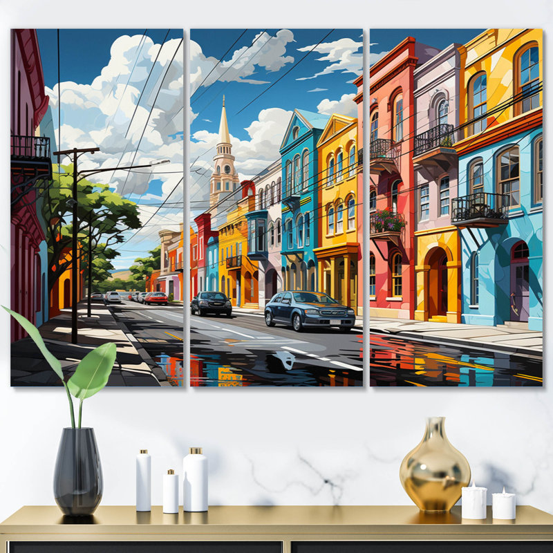 City Charleston Popart II sur toile, reproduction de 3 pièces, H 28 po x l 36 po x P 1 po