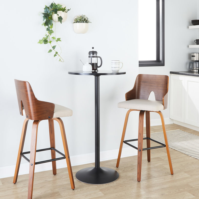 Tabouret de bar à hauteur fixe avec pivot en bois noir et tissu avec repose-pieds rond en métal noir - ensemble de 2