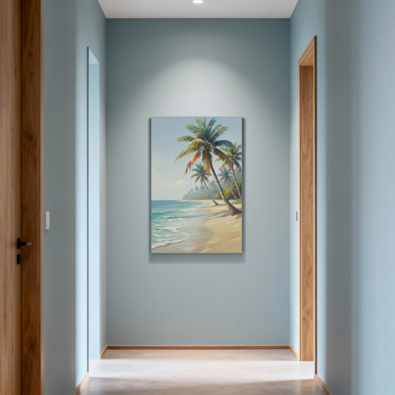 Plantes et fleurs, plage tropicale avec palmiers et vagues de l'océan, H 30 po x l 20 po
