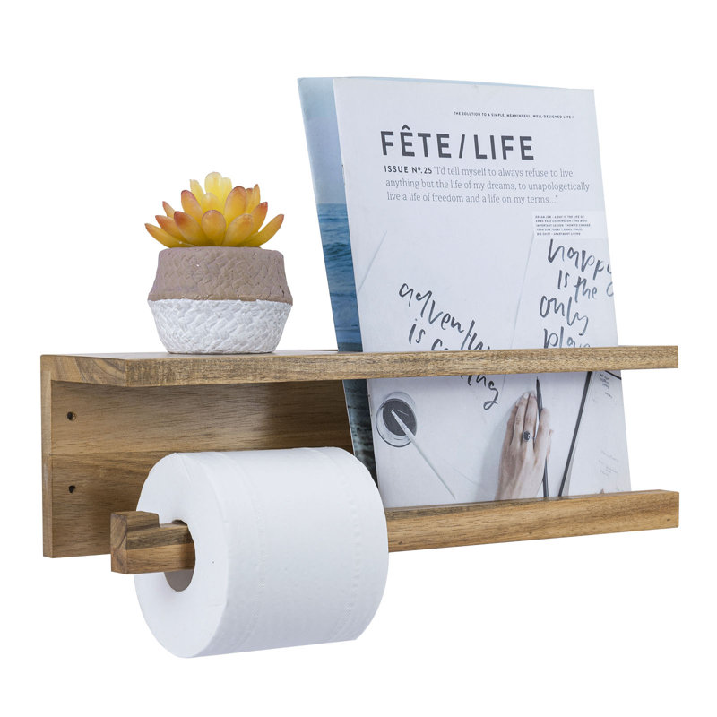 Acacia Wall Mounted Toilet Roll Holder with Magazine Rack