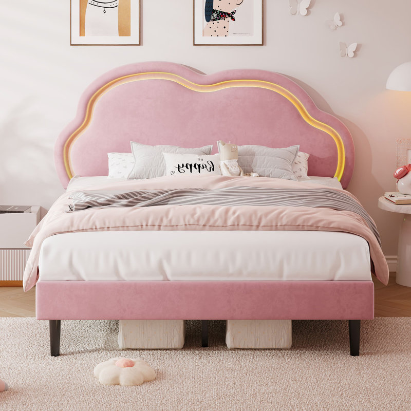 LED Cloud Headboard Velvet Double Bed, Cream White 4ft6 Upholstered Frame with Adjustable Angle & Solid Wood Slats, Pink