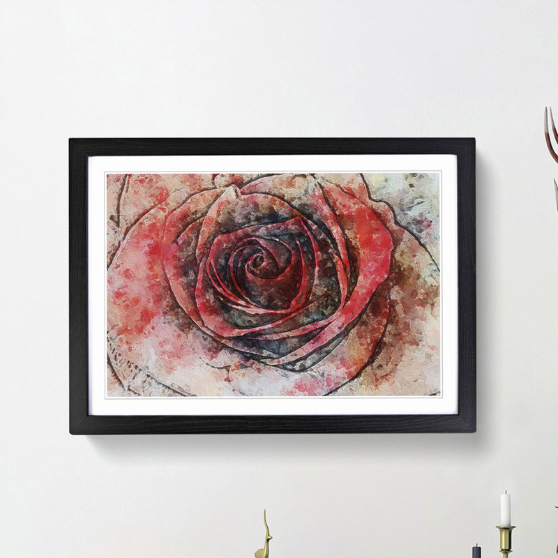 Red Rose in Abstract - Picture Frame Painting Print, Black Framed, 27cm H x 36cm W x 2cm D