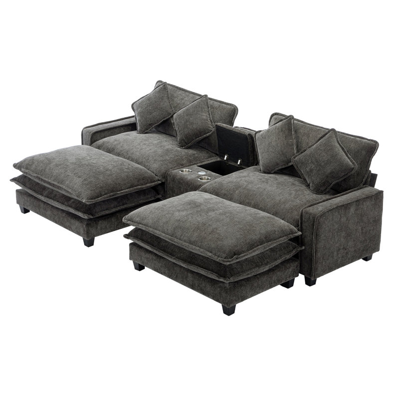 Grey With 111" Depth, Two Removable , Double Cushion, Cup Holders, Ports And Large Storage Box Sectional Chenille 4 Pillows, Charging Hidden For Comfort