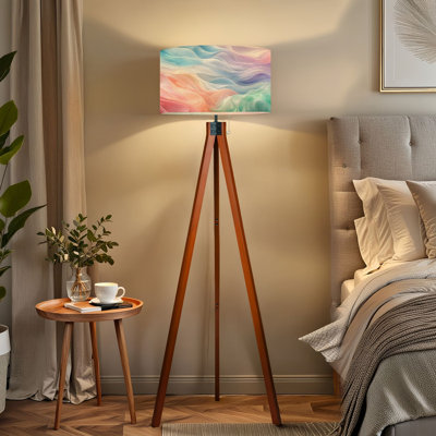 Tripod Standing Lamp Soft Pastel Fluid Wave Abstract Design Gradient Colors Remote Controlled Dimmable LED Floor Lamp with Beech Wood Legs & Detachabl