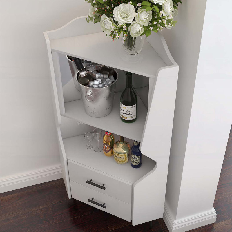 Bar en bois avec 2 tablettes ouvertes et 2 tiroirs, Blanc/Noir