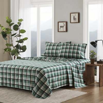 4 Pcs Twin Sheet Plaid 100% Cotton Flannel Twin/Full Fitted Fits 12" Mattress Depth Queen/King/ King 14" With Flat And Pillow Coverlets 39"W X 75"L + 12"D Jackets