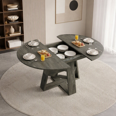 Table de salle à manger ronde extensible de 43,3 po à 59 po pour 4 à 8 personnes, table de salle à manger ovale moderne avec feuilles amovibles peu encombrante, base en bois avec tablette de rangement pour le salon de la cuisine (gris)