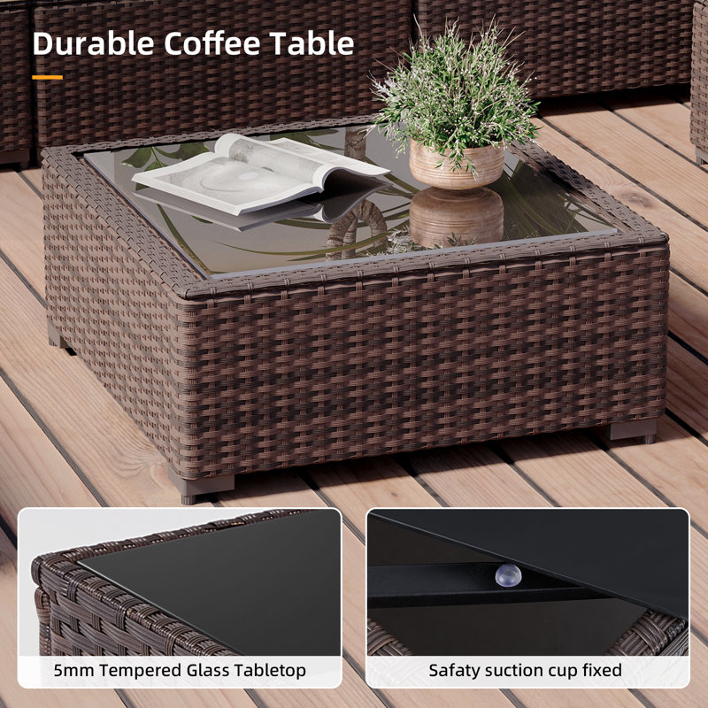Ensemble de conversation de patio en rotin 8 pièces avec coussins et table de foyer extérieur de 56 pouces, Vert pin