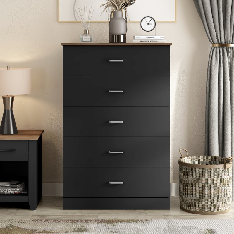Commode 5 tiroirs Allyannah, Noir / chêne noueux