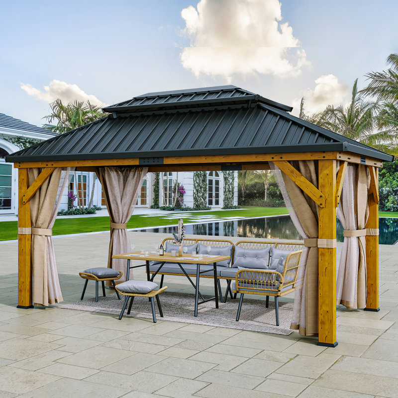 Solid Wood Patio Gazebo with Double Roof Hardtop and Curtains, 15ft W x 13ft D