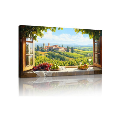 Vineyard Faux Window Wall Art, Italian Countryside Landscape Large Artwork, Grape Fields Prints Kitchen Wall Decor, Rustic Charm Pictures For Living Room Dining Room No-Window Room 20X40 Inch