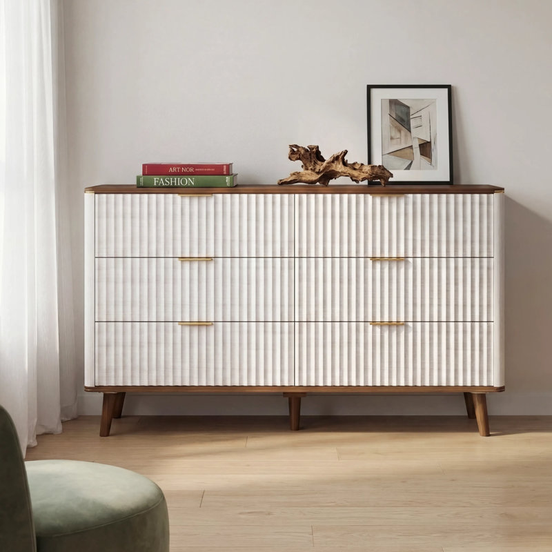  Commode cannelée Mid-Century à 6 tiroirs - blanc et noyer bicolore, l 47,2 po x P 15,7 po x H 33,5 po