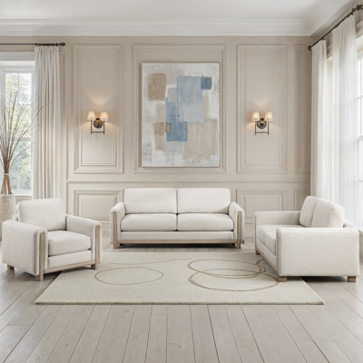 Boskovice Modern & Contemporary 3-Piece Living Room Set with Textured Fabric Upholstery, Natural Solid Wood Legs & Superior High-Density Foam over Pocket Coils Comfort