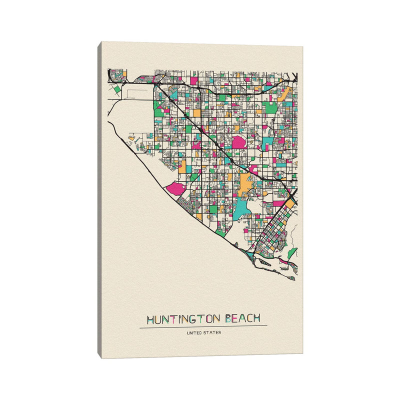 «Huntington Beach, California Map» par Ayse Deniz Akerman - impression sur toile tendue, H 18 po x l 12 po x P 1,5 po