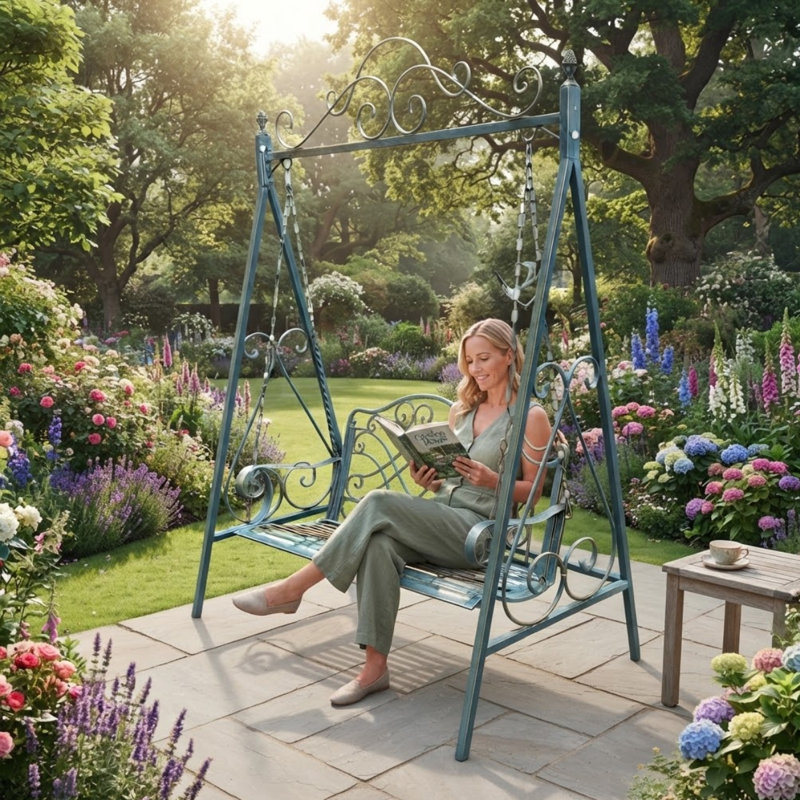 Durable Metal Garden Swing Bench – Sturdy and Comfortable Swing Chair for Backyard, Patio, or Outdoor Leisure, Blue/Gold
