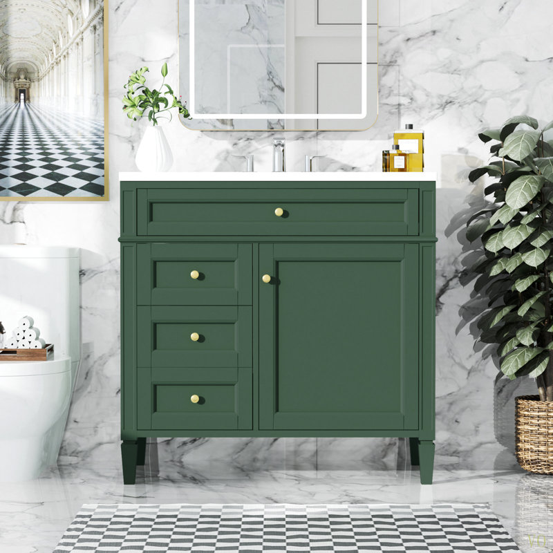 Meuble-lavabo de 36 po avec lavabo supérieur, meuble-lavabo moderne avec 2 tiroirs et tiroir escamotable, meuble-lavabo simple