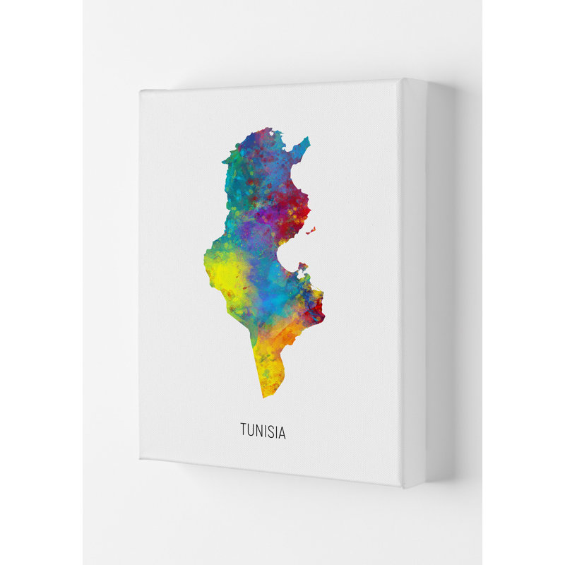 Tunisia Watercolour Map by Michael Tompsett - Print, 42cm H x 29.7cm W x 4cm D, Wrapped Canvas