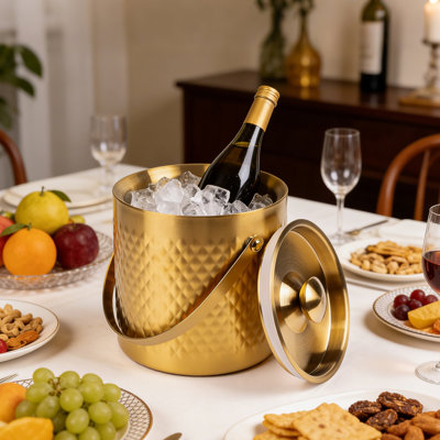 Seau à glace or 3L avec couvercle, seau à champagne en acier inoxydable à double paroi pour bar, fête, cocktail, camping