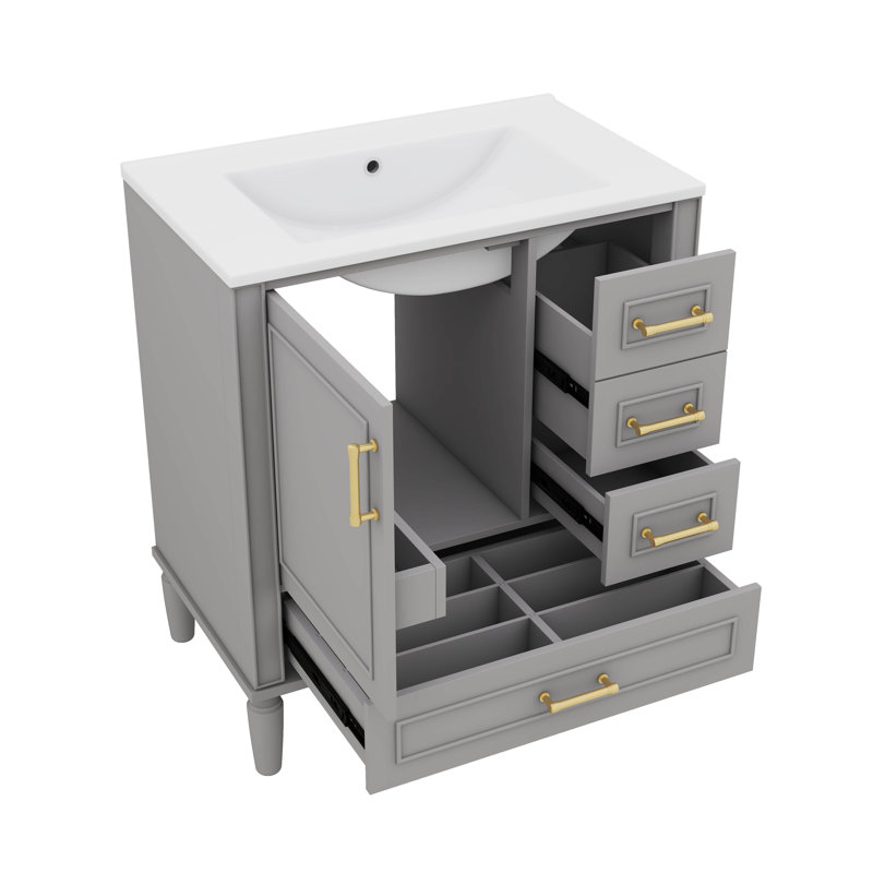 30 Inch Bathroom Vanity With Built-In Shelf, Deep Drawer, Standard Drawer And Long Divider Drawer, Grey