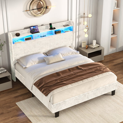 Upholstered King Size Bed Frame, 55" Tall Wingback Storage Headboard with RGB LED Lights, Power Outlets & USB-C Charging Station, No Box Spring Needed, Noise-Free Platform Bed