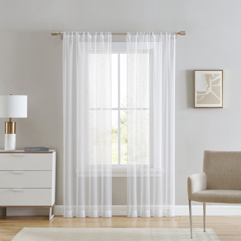 White Sheer Lace Detail Rod Pocket Curtain Panels, Set of 2