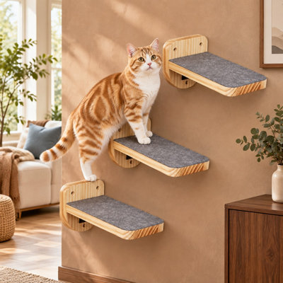 Ensemble de 3 marches, étagères et perchoirs muraux flottants en bois naturel pour chat ; échelle d'intérieur pouvant supporter jusqu'à 13,6 kg
