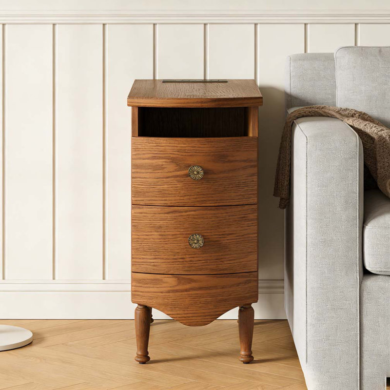 Table de bout avec station de charge, table d'appoint étroite avec 2 tiroirs, Marron foncé