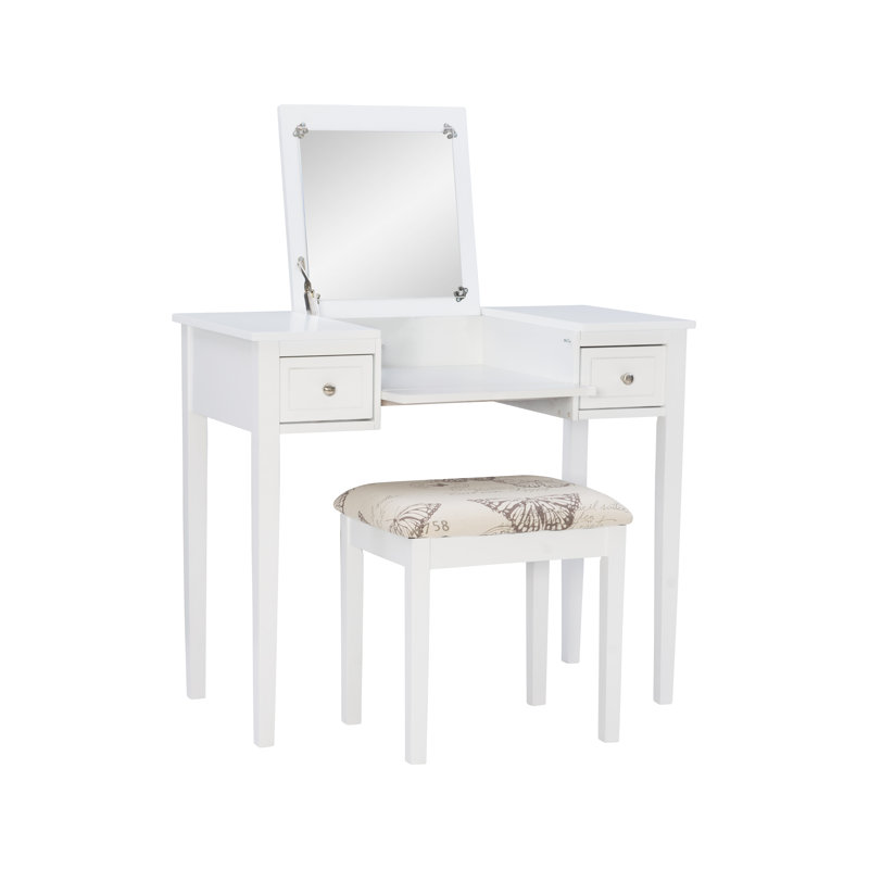 Fidelmar 36" 2-Drawer Flip Top Mirror Vanity with Butterfly Print Stool, White