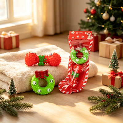 Ensemble de jouets de Noël chaussette de Noël agilité, conception texturée de dentition festive, caoutchouc TPR sécuritaire, intérieur de maison, équipement de jeu interactif des Fêtes 2 pièces