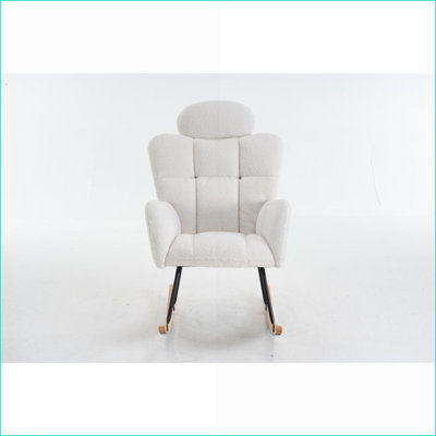 Rocking Chair Modern Teddy Fabric Glider with High Backrest &amp; Pillow, Ivory | Teddy | Foam