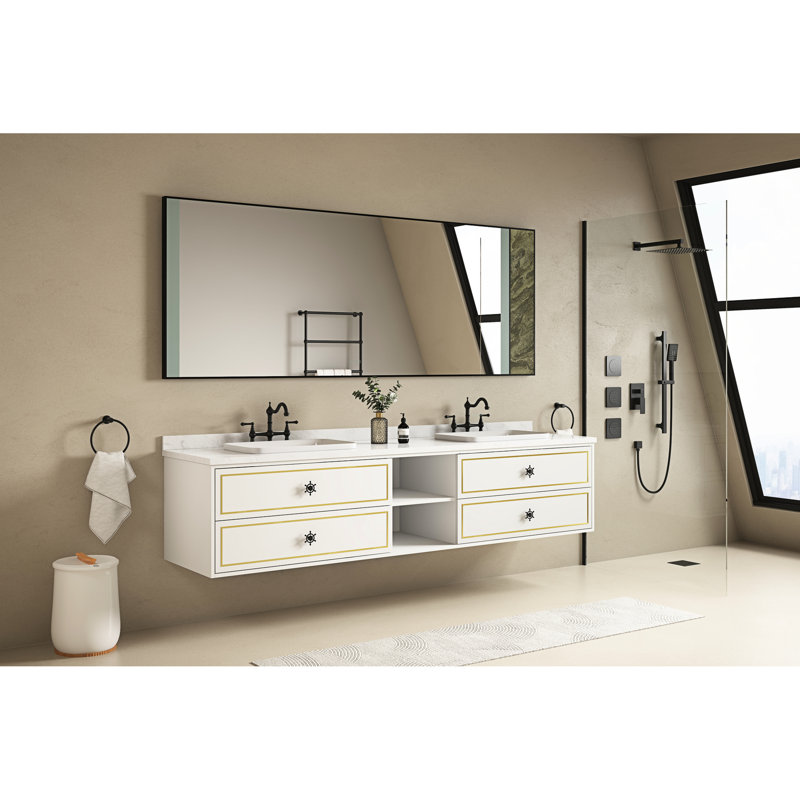 Miroir de salle de bain 84 po x 36 po à DEL, brouillard arrière, grande mémoire réglable, meuble-lavabo à cadre noir chic, fixation murale avec cadre radiant