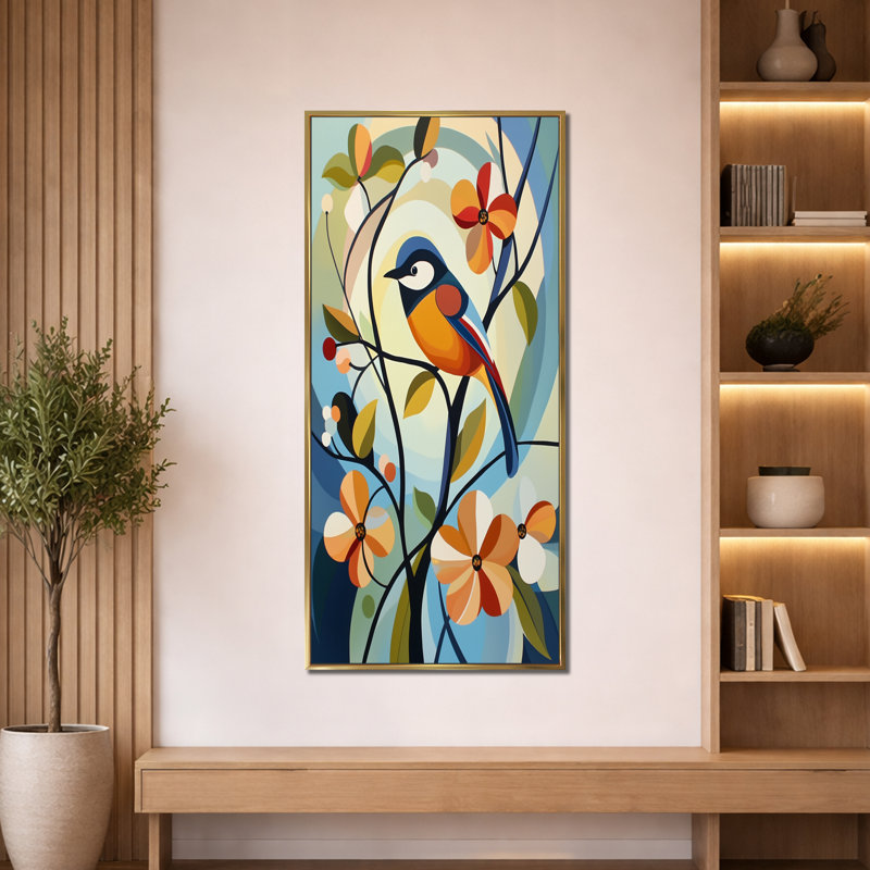 Bleu vert, bleu, vert, oiseau chinois, fleurs printanières, reproduction d'art sur toile encadrée botanique