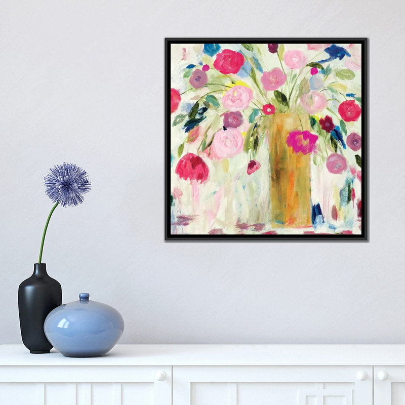 « amitié fleuris », impression sur toile, H 18 po x l 18 po x P 1,5 po, Toile encadrée noire, Pas de tapis